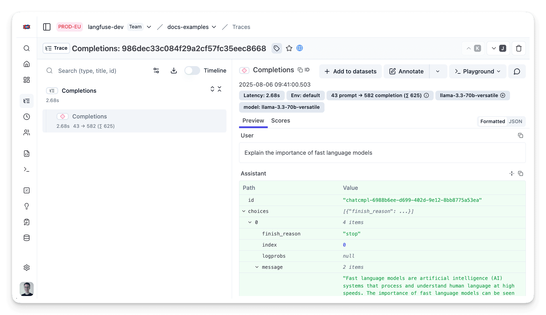 Example trace in Langfuse